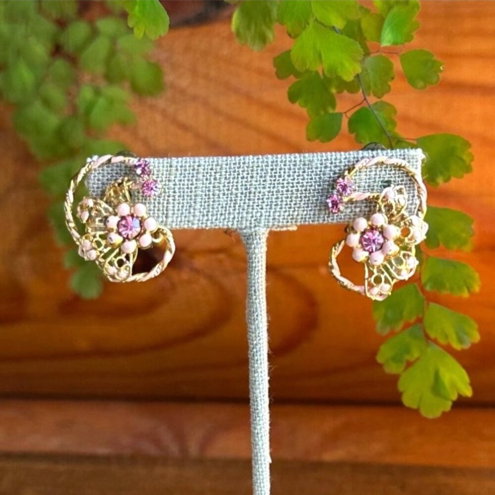 Vintage Pink & Gold Clip-On Earrings Rhinestone & Enamel Floral Made In Austria - Picture 2 of 10